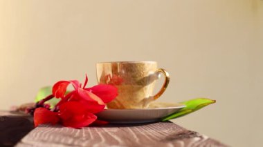 Bir fincan kahve, çay tabağı ve büyük tropikal yeşil konserve yaprağı ve Canna 'nın kırmızı çiçeği bej arka planda rüzgarda sallanıyor, ahşap balkon çit yüzeyi üzerinde..