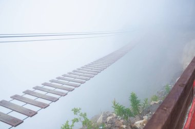 Derin siste turist asma köprüsü. Asılı ip köprü kayboluyor, ön manzara.
