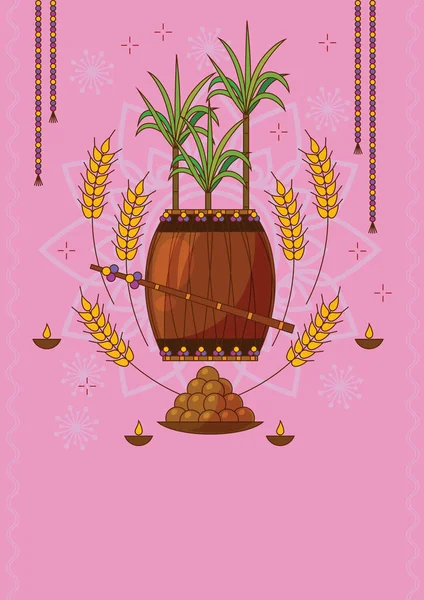 伝統的な装飾ドラムとサトウキビ ローリの休日の背景 人気の冬のプンジャビ民俗祭ローリ 伝統的な装飾ドラムとサトウキビ 休日のグリーティングカード 抽象的な背景のベクトル図 — ストックベクタ