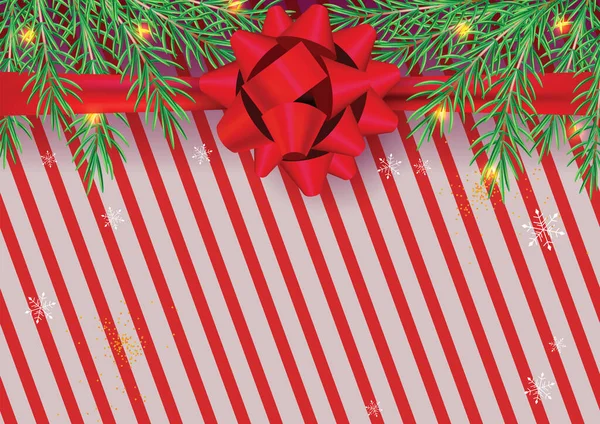 Streifen Zuckerrohrmuster Mit Weihnachtsbaum Grünen Zweigen Rote Schleife Diagonal Gerade — Stockvektor