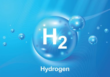 H2 Hidrojen Molekül Gaz Pompası. H2 ve Hidrojen içeren yuvarlak elementler ve moleküller yüzüyor. Yenilenebilir yakıt yeşil enerji ekolojisi, biyoloji ve biyokimya kavramı