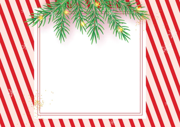 クリスマスツリーの緑の枝でストライプキャンディー杖パターン 斜めの直線クリスマスの背景 赤と白のペパーミント包装紙 シンプルなトレンディーな背景イラスト — ストックベクタ