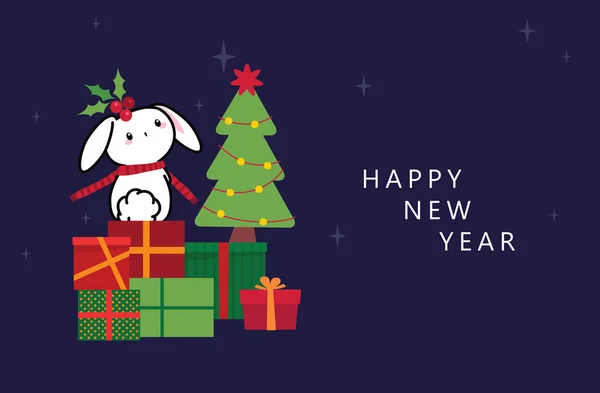 Conejo Con Símbolos Navideños Cajas Regalos Árbol Navidad Diseño Vacaciones — Vector de stock