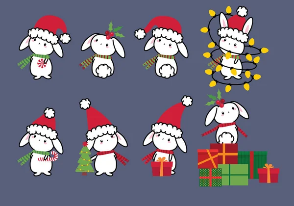 Noel Baba Şapkalı Tavşan Hediye Kutuları Noel Ağacı Şekerler Yılbaşı — Stok Vektör