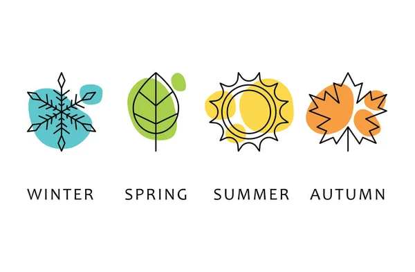 Four Seasons Icons Signs Symbols Winter Spring Summer Fall Snowflake — Stock Vector