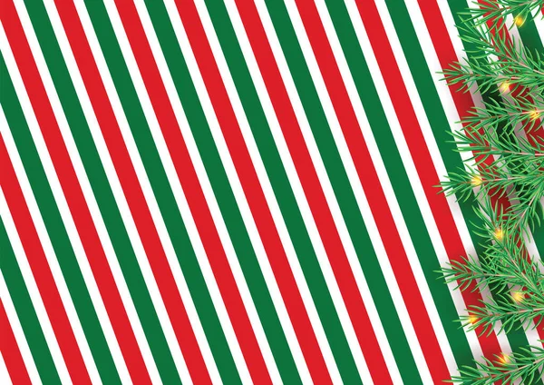 クリスマスツリーの緑の枝でストライプキャンディー杖パターン 斜めの直線クリスマスの背景 赤と白のペパーミント包装紙 シンプルなトレンディーな背景イラスト — ストックベクタ