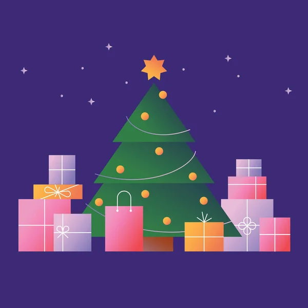 Frohe Weihnachten Mit Bunten Geschenkboxen Und Weihnachtsbaum Neujahrssymbol Winterferiengestaltung Vektorillustration — Stockvektor
