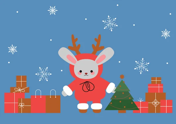 Geyik Boynuzları Noel Ağacı Olan Tavşan Hediye Kutuları Çince Yıl — Stok Vektör