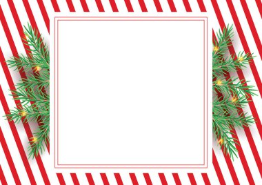 Noel ağacı yeşil dallı çizgili baston şeker desenli. Noel arka planında çapraz düz çizgiler. Kırmızı ve beyaz nane şekerli ambalaj kağıdı. Basit moda arkaplan illüstrasyonu