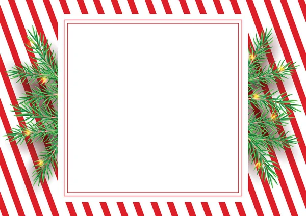 用圣诞树绿色枝条装饰糖果手杖图案 圣诞节背景的对角线直线 红白薄荷包装纸 简单的流行背景说明 — 图库矢量图片#