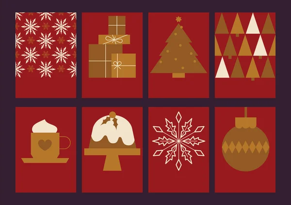Set Collezione Biglietti Natale Simboli Anno Nuovo Natale Vacanze Invernali — Vettoriale Stock