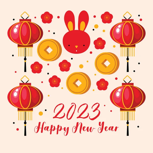 Šťastný Nový Rok2023 Čínský Novoroční Králík Čínský Horoskop Květiny Lucerny — Stockový vektor