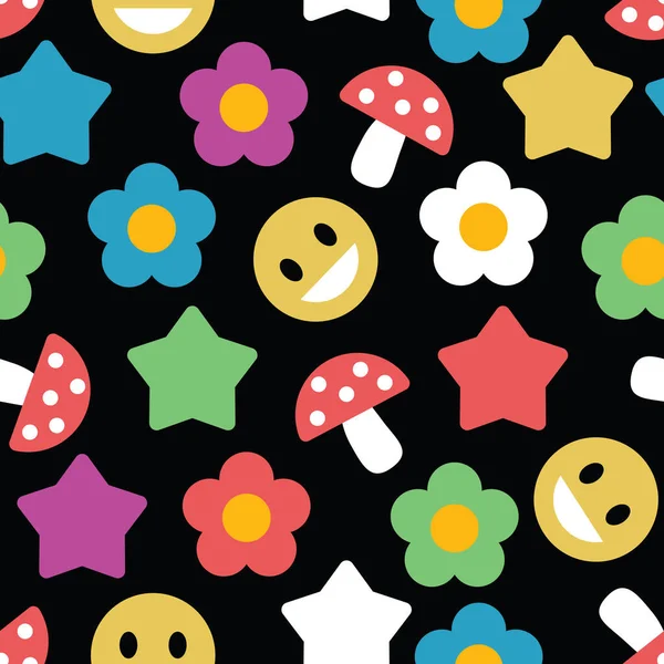 Colorful Flowers Mushrooms Seamless Pattern Retro 60S 70S Hippie Style — 스톡 벡터