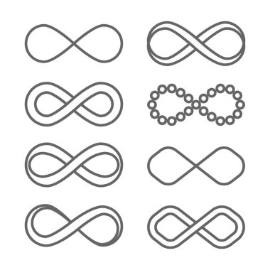 Sonsuz vektör simgeleri. Matematik ve uzayda sınırsızlığın sembolü. Set, farklı şekillerin toplanması. Beyaz arka planda siyah geometrik elementler. Hisse ince illüstrasyon