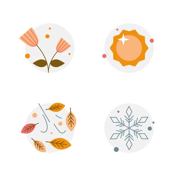 Τέσσερις Εποχές Εικονίδια Πινακίδες Σύμβολα Χειμώνας Άνοιξη Καλοκαίρι Φθινόπωρο Νιφάδα — Διανυσματικό Αρχείο