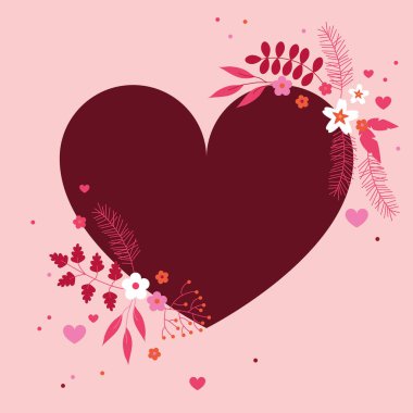 Kalp ve yapraklarla süslü bir çerçeve. Sevgililer Günü geçmişi. Aşk ve kalp