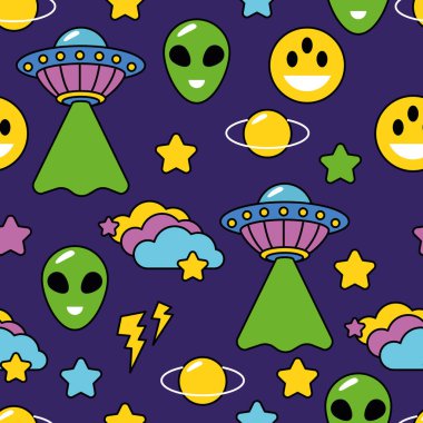 Uzaylılar kusursuz kalıplar. Kusursuz kozmik desen. Gezegen, yıldızlar, galaksi, UFO ile uzay arkaplanı