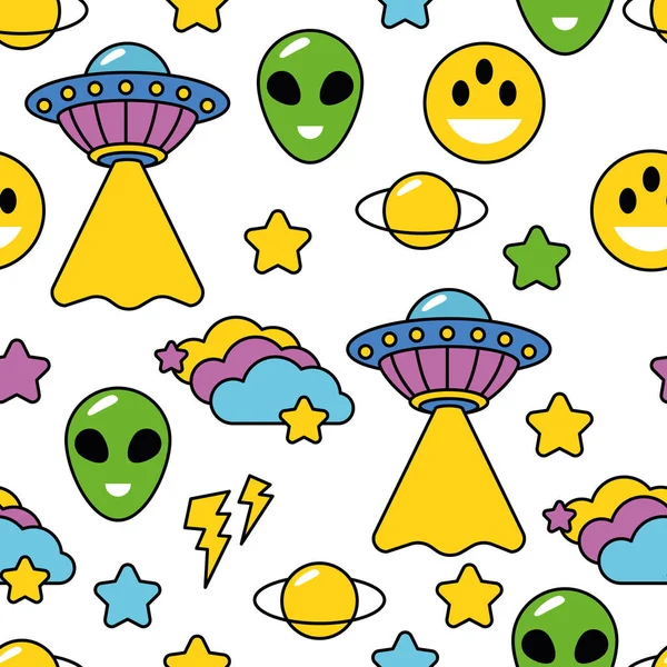 Aliens seamless pattern. Seamless cosmic pattern. Space background with planet, stars, galaxy, UFO