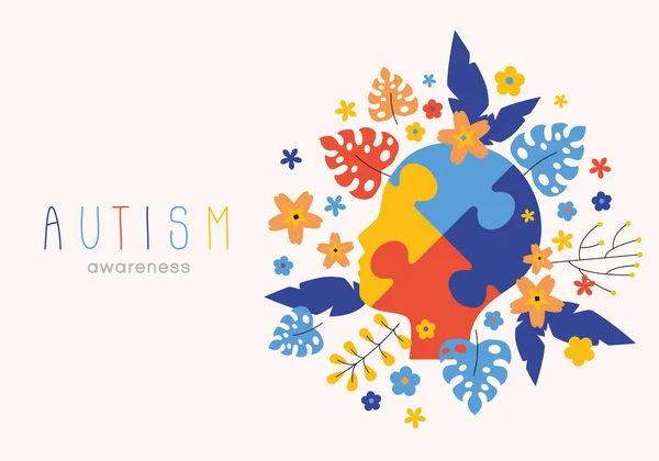 世界の自閉症意識の日 花や葉のベクトルの背景とカラフルなパズル 自閉症の象徴 医療用フラットイラスト — ストックベクタ