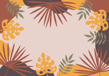 Tropik yapraklar ve bitkilerle dolu yaz arkaplanı. Modern minimalist tarzda. Egzotik botanik tasarımı kozmetik, spa, sağlık ürünleri, parfüm, düğün davetiyesi.