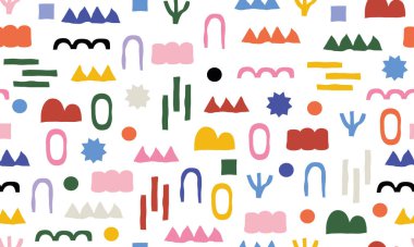 Renkli geometrik karalamalarla soyut organik şekiller. Düz çizgi film arkaplanı, parlak çocuksu renklerde basit rastgele şekiller