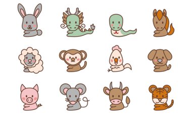 Chinese new year, zodiac signs icons and symbols. Vector illustration. Cartoon Chinese Zodiac Animals Icon. Rat, Ox, Tiger, Rabbit, Dragon, Snake, Horse, Sheep, Monkey, Rooster, Dog, Pig