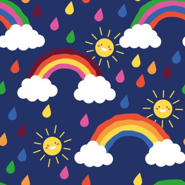 Cute rainbow and clouds, sun, rain. Seamless pattern for kids, children print design background. Cute colorful vector cartoon illustration with happy smiling sun characte