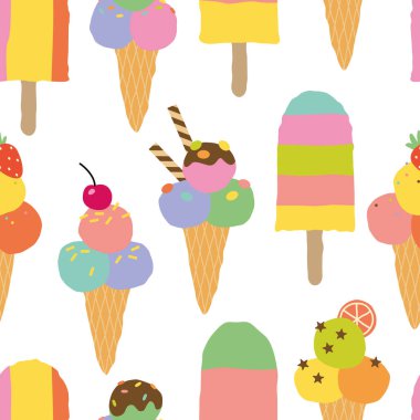 Summer seamless pattern with ice cream. Colorful background. Cute bright summer holidays seamless pattern. Fresh and bright illustration with ice cream. Good for fabric, textile, wallpaper, wrapping