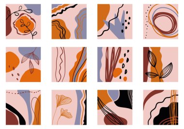 Big Set of abstract backgrounds. Hand drawn various shapes and floral doodle objects. Contemporary modern trendy Vector illustrations