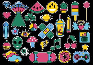 Klasik moda elementlerin ve karakterlerin koleksiyonu. Retro karakter, 70 'lerin hippi tarzı, psikedelik mantarlar, çiçekler, gökkuşağı, kalp ve dünya gezegeni. Vintage vektör kümesi