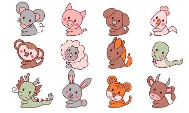 Chinese new year, zodiac signs icons and symbols. Vector illustration. Cartoon Chinese Zodiac Animals Icon. Rat, Ox, Tiger, Rabbit, Dragon, Snake, Horse, Sheep, Monkey, Rooster, Dog, Pig