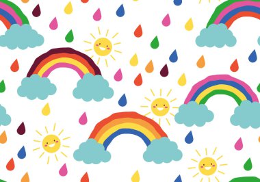 Şirin gökkuşağı ve bulutlar, güneş, yağmur. Çocuklar için kusursuz desen, çocukların parmak izi tasarımı geçmişi. Mutlu gülümseyen güneş karakterli şirin renkli vektör çizimi