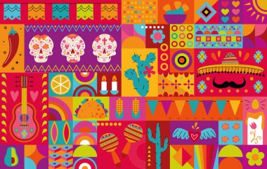 Mexican bright music pattern with skulls, sombrero hat, mustache, maracas, guitar, taco, nachos, avocado, cactus and chilli pepper vector background. Mexican design