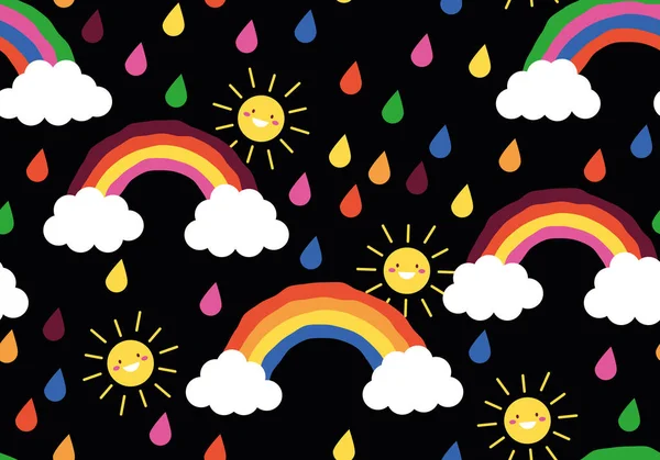 Χαριτωμένο Ουράνιο Τόξο Και Σύννεφα Ήλιος Βροχή Απρόσκοπτη Μοτίβο Για — Διανυσματικό Αρχείο