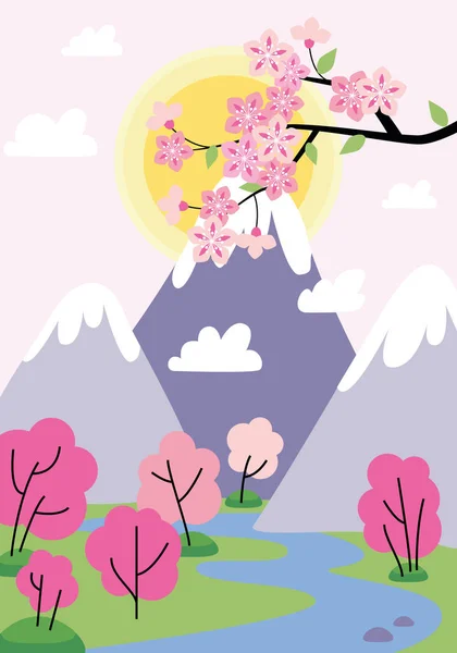 Japansk Fjelllandskapsbakgrunn Vårlandskap Med Blomstrende Kirsebærgren Snødekt Vulkan Mot Vaniljebakgrunn – stockvektor