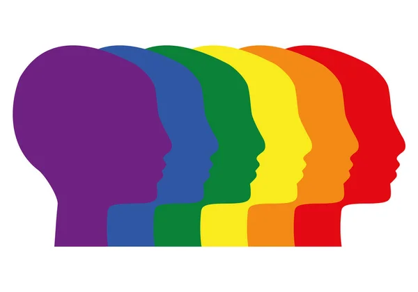 Lgbtの権利を支持する人々 多民族間のコミュニケーション ベクトルイラスト 虹の異なる色でプロファイル内の多様な文化の顔 Lgbtqコミュニティ — ストックベクタ