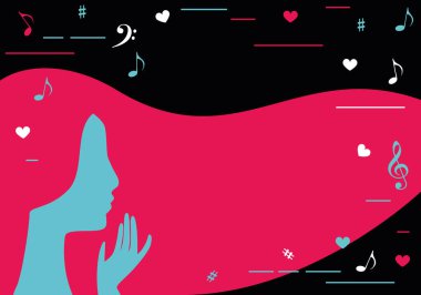 Kız ve TikTok geçmişi. Kalpli parti tasarımı, notalar. TikTok partisi. Kadın ve Pembe Mavi tasarım. Güzel bir genç kadın etkileyicisi.