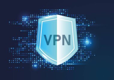 Sanal özel ağ simgesi, kullanıcı verilerini koruma kavramı. VPN ile kalkan. Sanal özel ağ, VPN 'li kalkan. İş ve Teknoloji