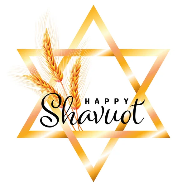 ハッピー シャヴー 小麦とデビッドスターユダヤ教の休日Shavuotの概念 かわいいお祝いの花輪ハッピーShavuot 金のデザイン — ストックベクタ
