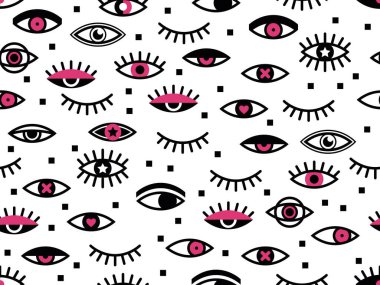 Seamless modeli siyah beyaz göz ve kirpik vektör arka plan ile. Duvar kağıtları, desen dolgularını, web sayfası arka planlar, yüzey dokuları, tekstil için mükemmel. Gözleri ve kirpikleri