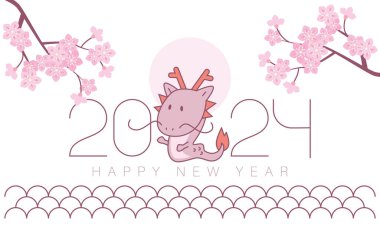 Mutlu Çinliler 2024 yılı ejderha burcunun yeni yılı. Ejderha 2024 'ün sembolüdür. Beyaz arka planda pembe çiçekli şirin bir ejderha.