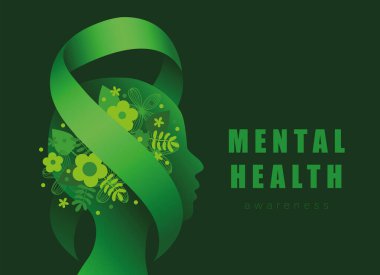 Mental Health Awareness Month vector illustration with green ribbon and flowers. Human abstract profile with green ribbon, Mental health awareness clipart
