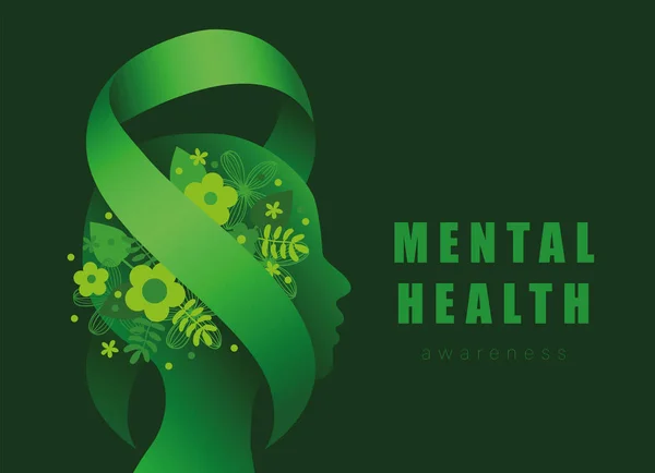 Mental Health Awareness Month Vector Illustration Green Ribbon Flowers Perfil — Vector de stock