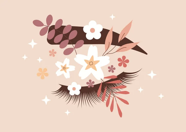 眼睛眉毛和睫毛与花卉的标志 美容院化妆吧Lash和Brow — 图库矢量图片
