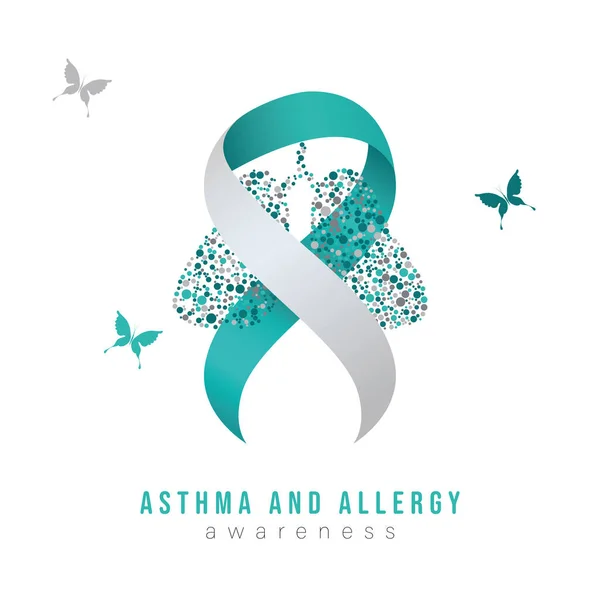 Mes Nacional Concientización Sobre Asma Alergia Cinta Pulmón Mariposa — Vector de stock