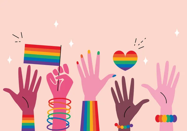 Emberek Zászlókkal Támogatják Lmbt Közösséget Homoszexuális Emberek Boldog Büszkeség Hónapot — Stock Vector