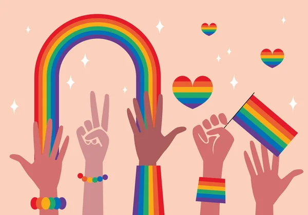 Pessoas Seguram Bandeiras Para Apoiar Comunidade Lgbt Pessoas Homossexuais Feliz — Vetor de Stock