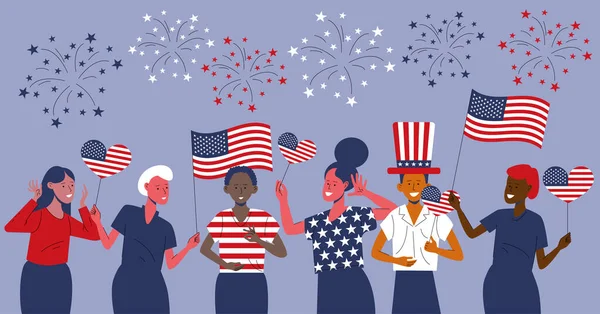 アメリカ国旗7月4日独立記念日コンセプト アメリカ独立記念日を祝う アメリカ国旗を振る人々の会 — ストックベクタ
