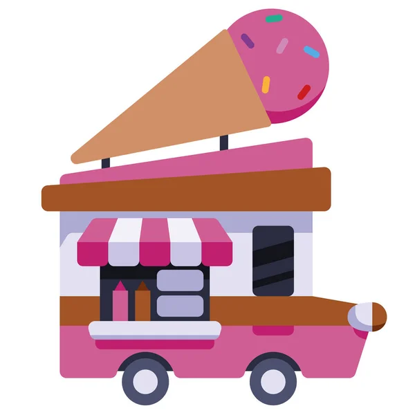 モバイルフードトラック 現代おいしい商用食品トラック車両アイスクリーム アイスクリーム付きの車 ヴァン ストリートフードアイスクリームデザート販売のための漫画車 自動車カフェ レストラン — ストックベクタ
