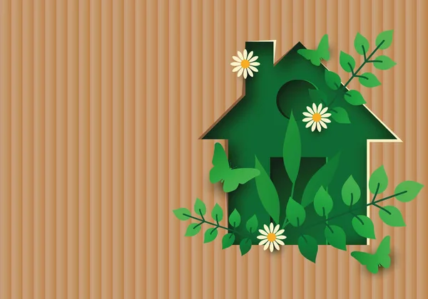 Ενεργειακή Απόδοση Πράσινο Σπίτι Ανακυκλωμένο Φόντο Καφέ Χαρτιού Οικολογία Έννοια — Διανυσματικό Αρχείο